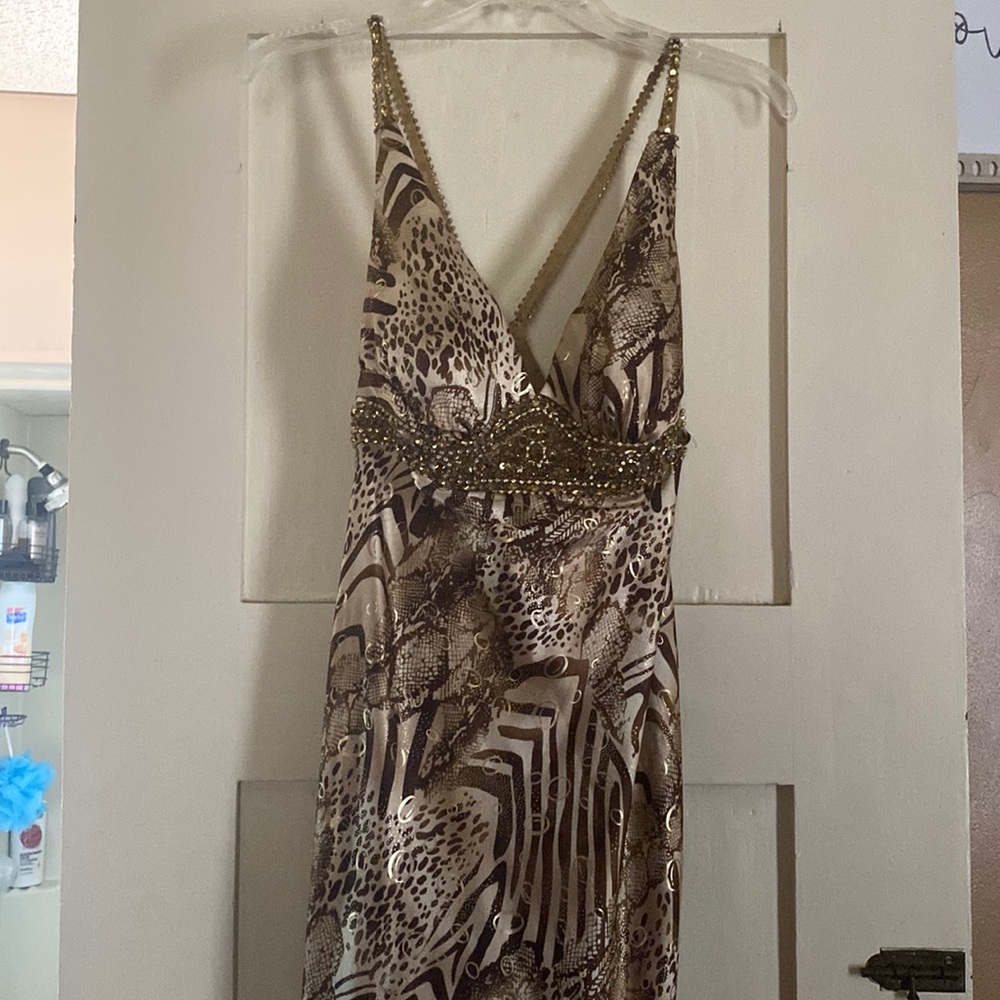 Gold printed prom dress